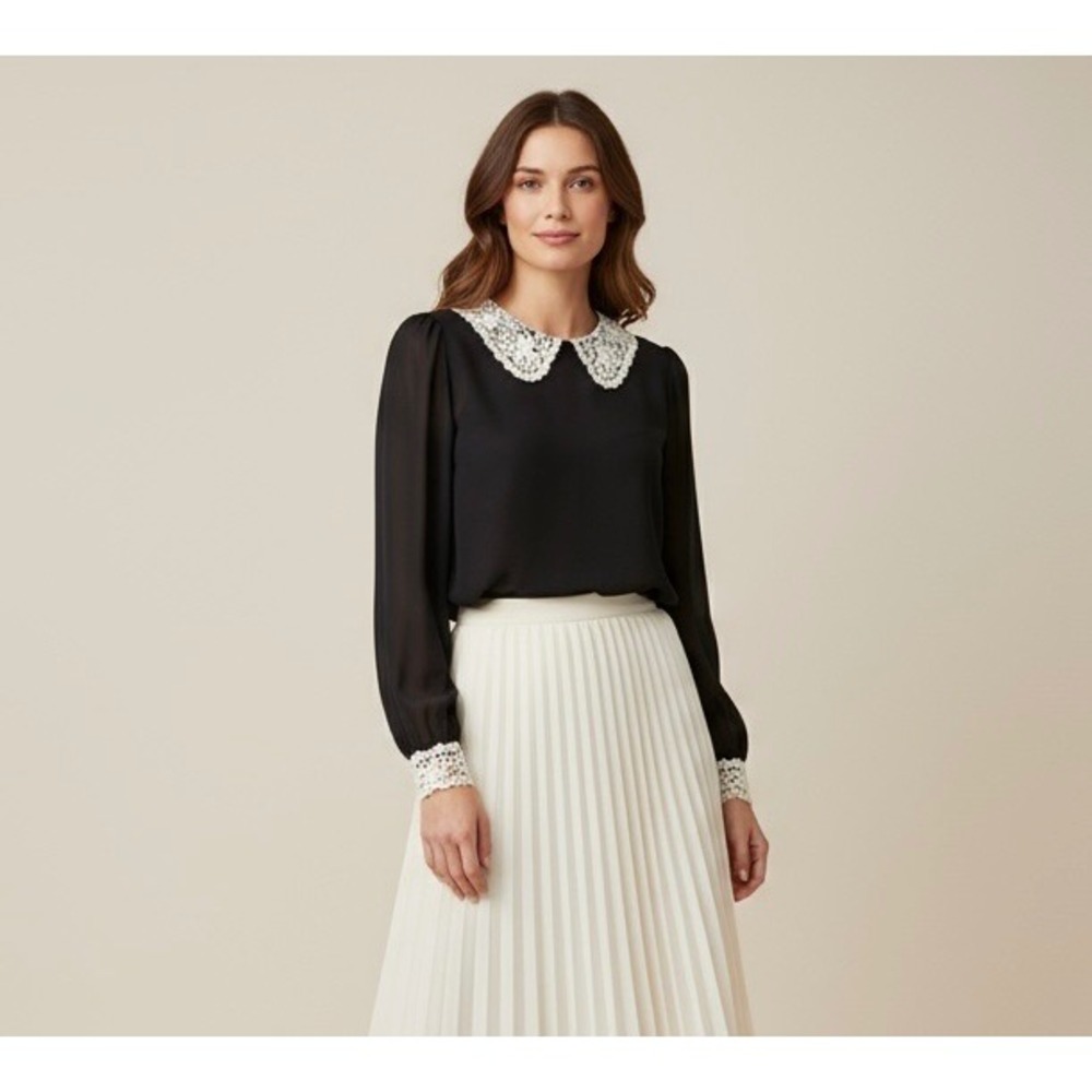 MISO Black Blouse Sheer Long Sleeve Lace Collar Button Back Size 8